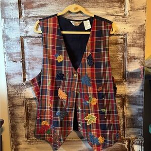 Victoria Jones Woman Colorful Plaid Vest with Leaf Embroidery